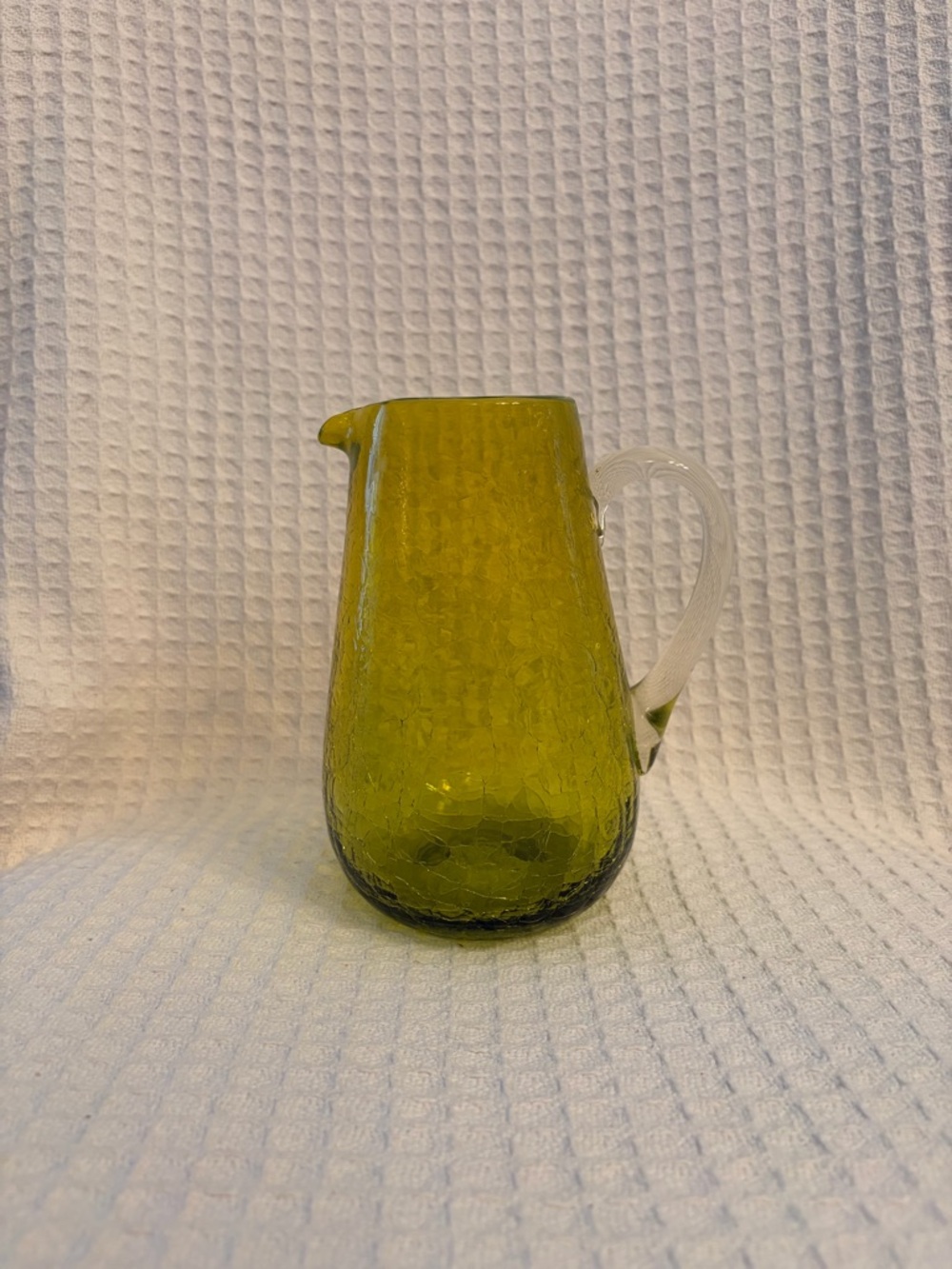Vintage Pilgrim Hand Blown Lemon-Lime   Green Crackle Glass Pitcher Clear Handle